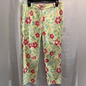 Tibi Vintage Yellow Pink Floral Pants Scalloped Hem Cotton Blend Size 8